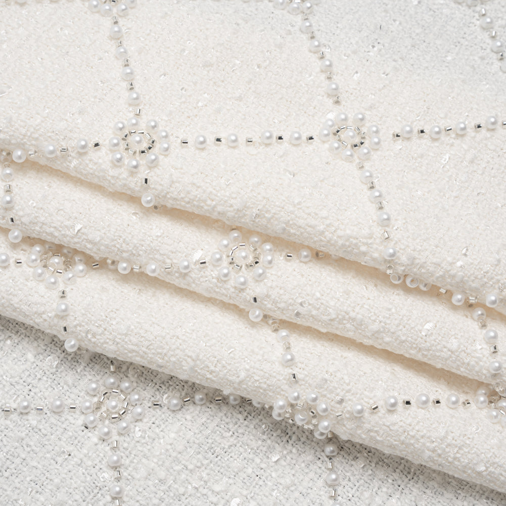 Embellished Polyester Tweed - White Tweed with Pearl and Silver Beaded Diamond Flower Lattice Folded Embellished Polyester Tweed - White Tweed with Pearl and Silver Beaded Diamond Flower Lattice Folded