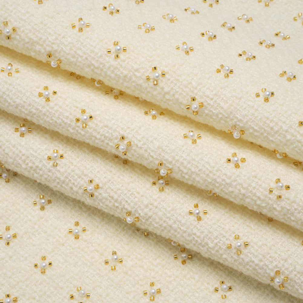 Embellished Acrylic and Wool Tweed with Backing - Off-White Tweed with Pearl and Gold Beaded Tiny Flower Grid Folded Embellished Acrylic and Wool Tweed with Backing - Off-White Tweed with Pearl and Gold Beaded Tiny Flower Grid Folded