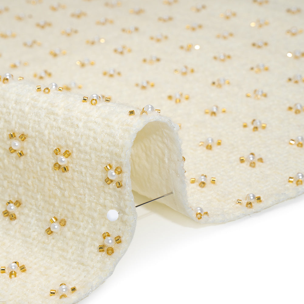 Embellished Acrylic and Wool Tweed with Backing - Off-White Tweed with Pearl and Gold Beaded Tiny Flower Grid Detail Embellished Acrylic and Wool Tweed with Backing - Off-White Tweed with Pearl and Gold Beaded Tiny Flower Grid Detail