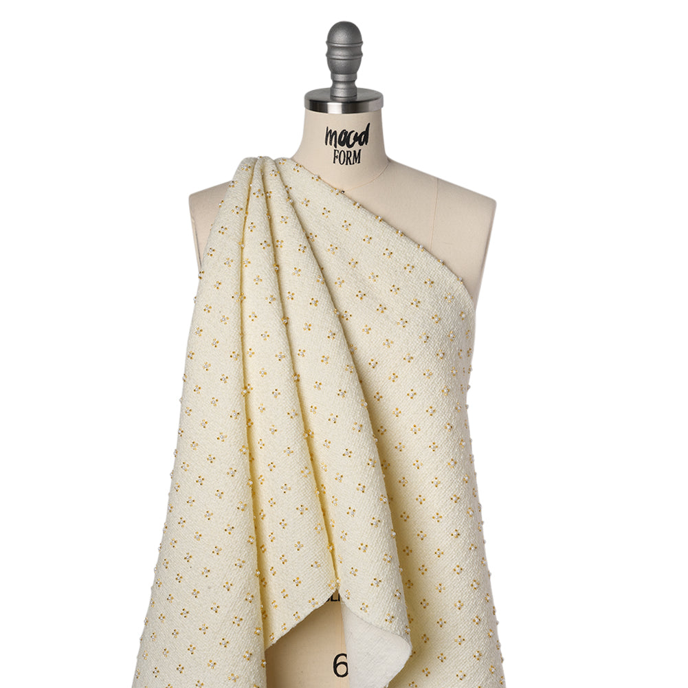 Embellished Acrylic and Wool Tweed with Backing - Off-White Tweed with Pearl and Gold Beaded Tiny Flower Grid Drape Embellished Acrylic and Wool Tweed with Backing - Off-White Tweed with Pearl and Gold Beaded Tiny Flower Grid Drape