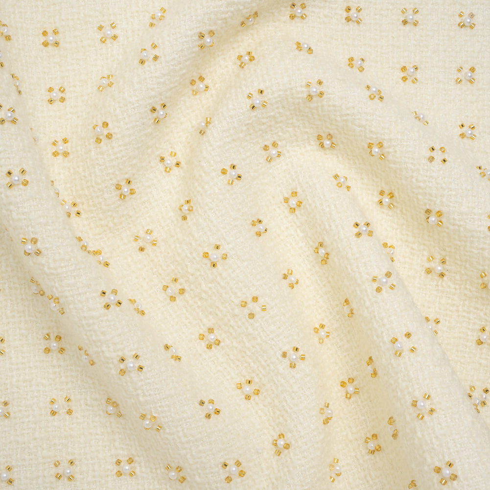 Embellished Acrylic and Wool Tweed with Backing - Off-White Tweed with Pearl and Gold Beaded Tiny Flower Grid Embellished Acrylic and Wool Tweed with Backing - Off-White Tweed with Pearl and Gold Beaded Tiny Flower Grid