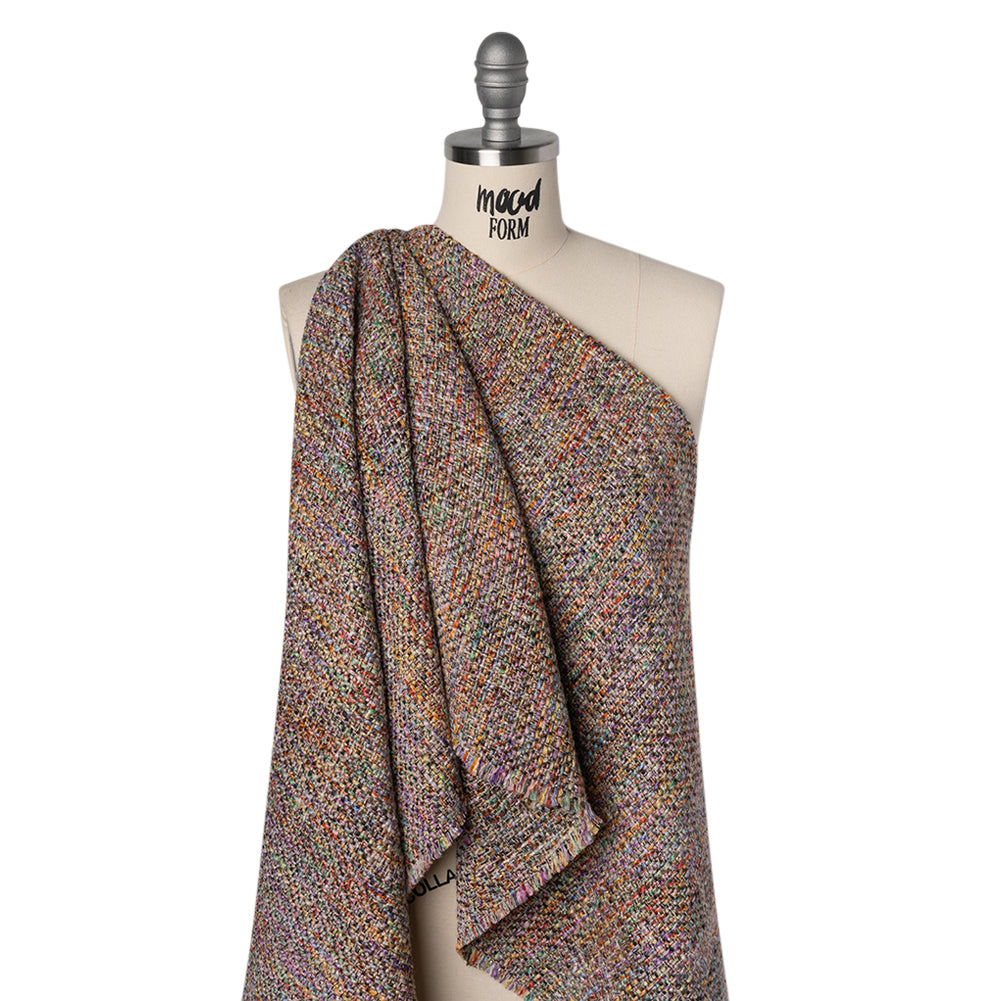 Polyester Tweed Woven - Rainbow and Metallic Gold Mottle Drape Polyester Tweed Woven - Rainbow and Metallic Gold Mottle Drape