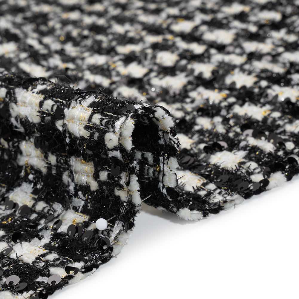 Sequined Polyester Blend Tweed - Black and White Plaid with Gold Accents Sequined Polyester Blend Tweed - Black and White Plaid with Gold Accents