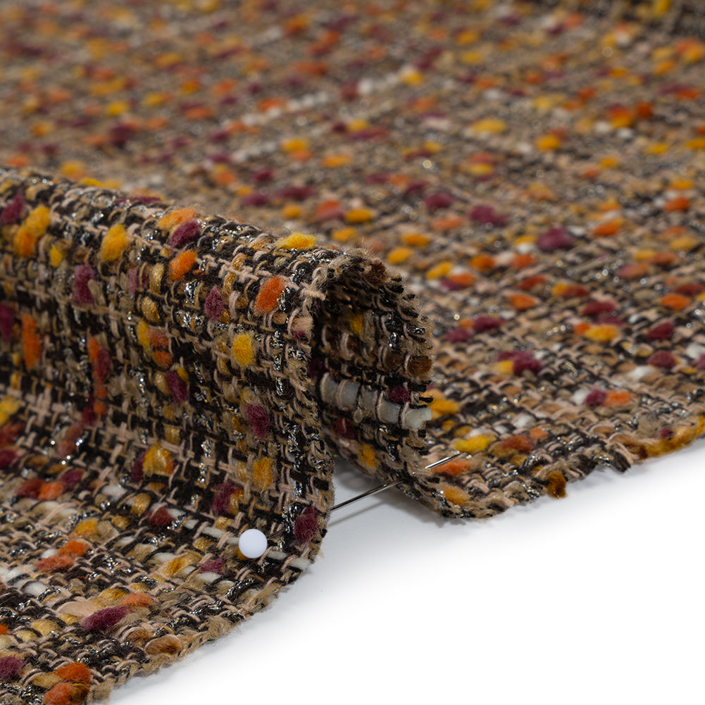Polyester Tweed with Mini Pom Poms - Dark Brown, Yellow Ochre and Burgundy Tweed Polyester Tweed with Mini Pom Poms - Dark Brown, Yellow Ochre and Burgundy Tweed