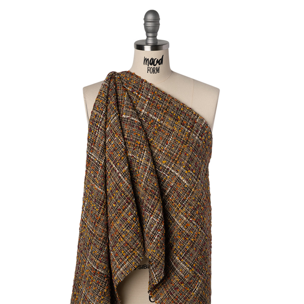 Polyester Tweed with Mini Pom Poms - Dark Brown, Yellow Ochre and Burgundy Tweed Polyester Tweed with Mini Pom Poms - Dark Brown, Yellow Ochre and Burgundy Tweed