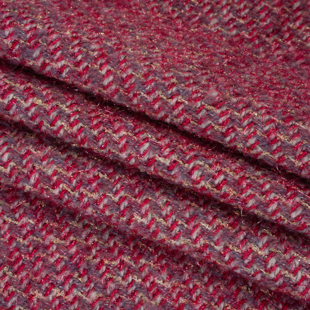 Polyester Twill Tweed with Metallic Eyelash Fringe - Magenta, Warm Purple and Gold Polyester Twill Tweed with Metallic Eyelash Fringe - Magenta, Warm Purple and Gold