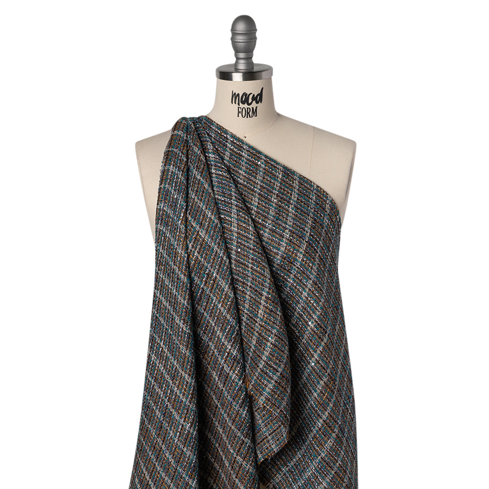 Polyester Tweed with Baby Sequins - Teal, Blue and Brown Plaid Polyester Tweed with Baby Sequins - Teal, Blue and Brown Plaid
