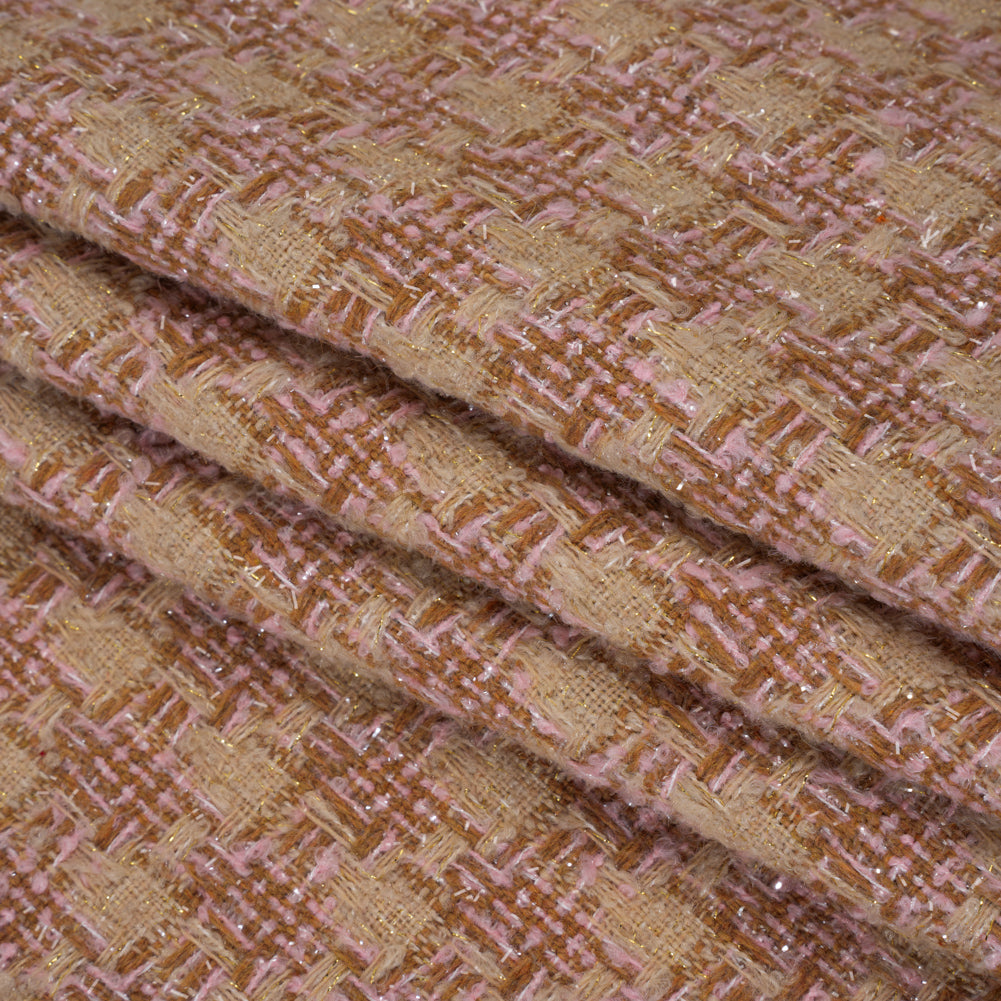 Polyester Metallic Tweed with Eyelash Fringe - Pale Pink, Beige and Tan Houndstooth Polyester Metallic Tweed with Eyelash Fringe - Pale Pink, Beige and Tan Houndstooth