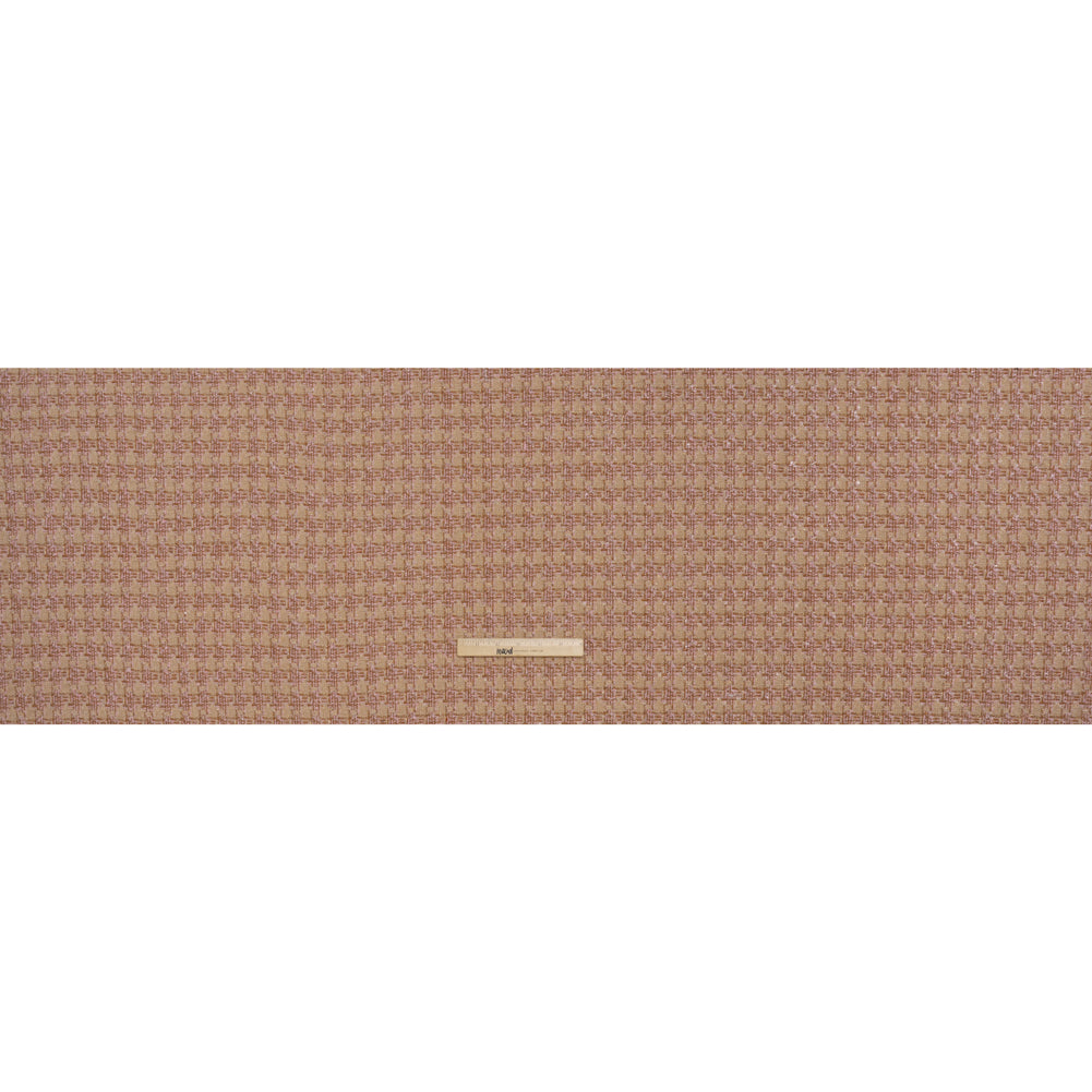 Polyester Metallic Tweed with Eyelash Fringe - Pale Pink, Beige and Tan Houndstooth Polyester Metallic Tweed with Eyelash Fringe - Pale Pink, Beige and Tan Houndstooth