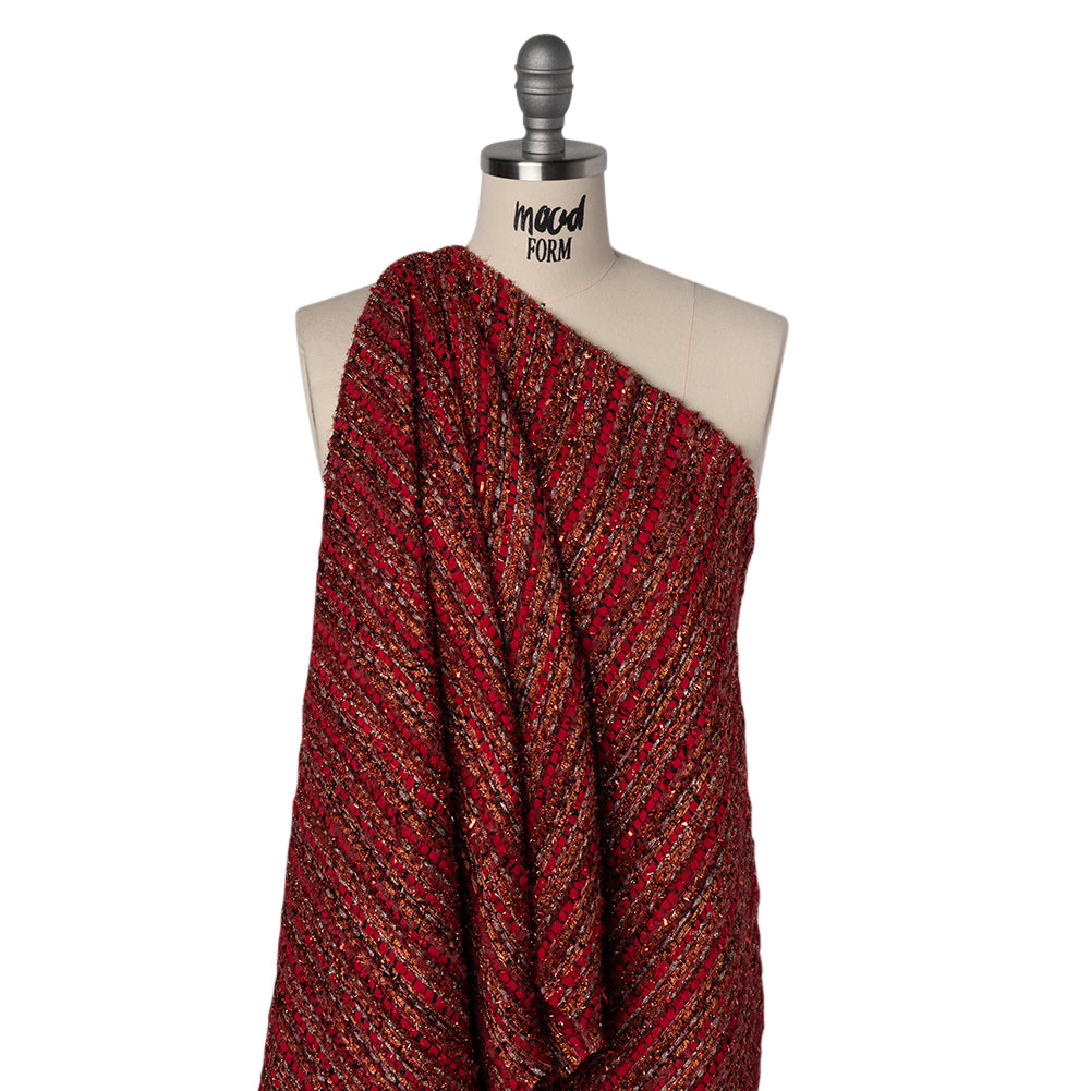 Metallic Polyester Tweed with Eyelash Fringe - Ruby Red and Burnt Orange Stripes Metallic Polyester Tweed with Eyelash Fringe - Ruby Red and Burnt Orange Stripes