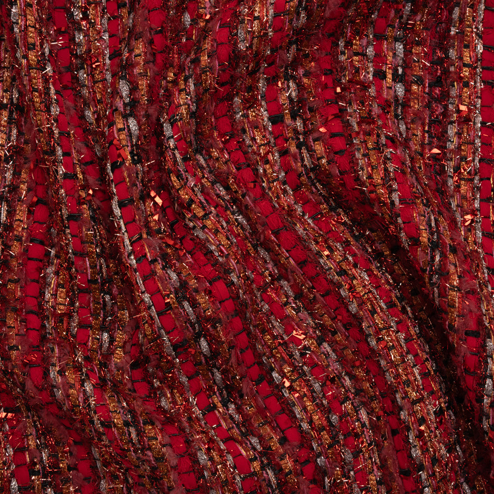 Metallic Polyester Tweed with Eyelash Fringe - Ruby Red and Burnt Orange Stripes Metallic Polyester Tweed with Eyelash Fringe - Ruby Red and Burnt Orange Stripes