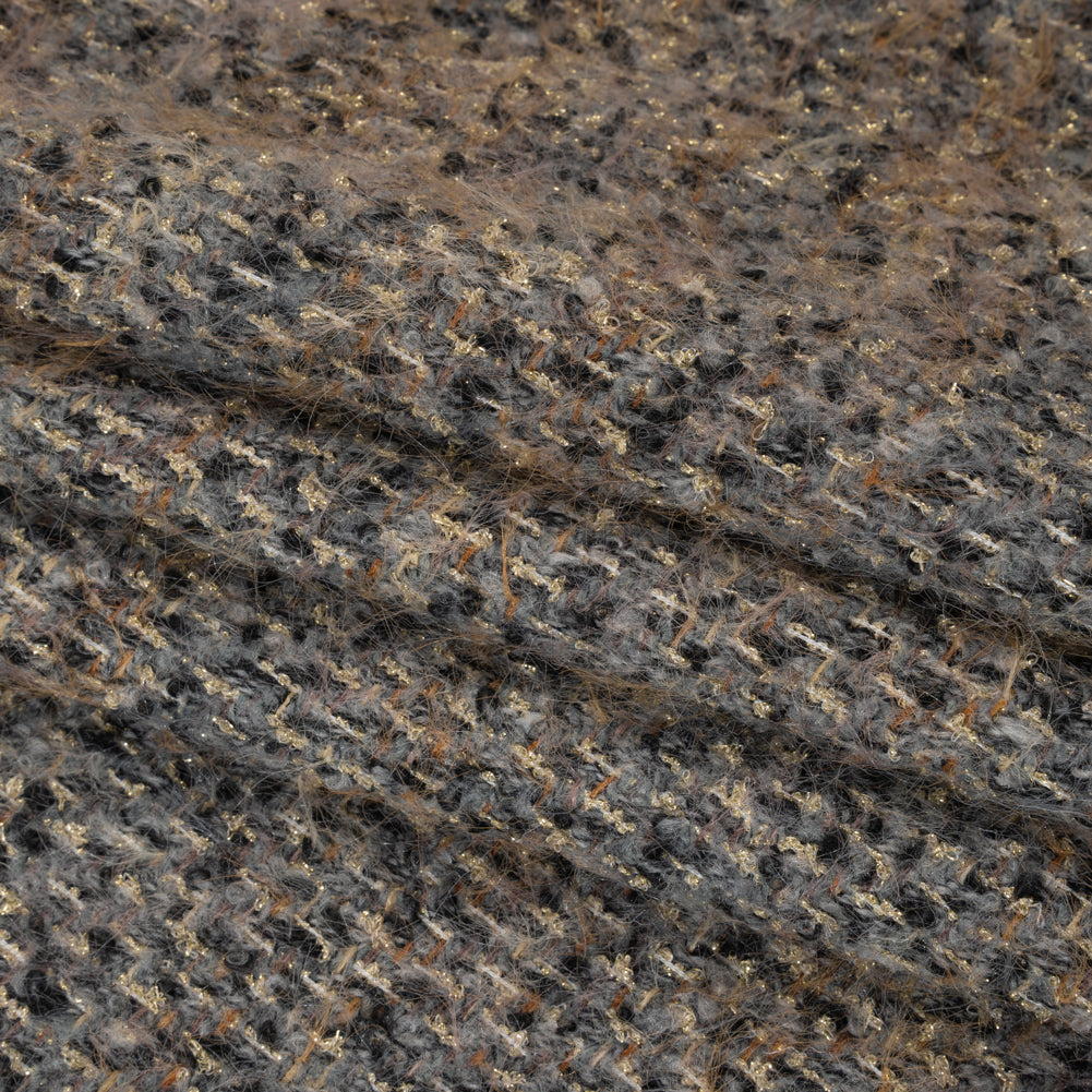 Fuzzy Polyester and Wool Blend Woven Metallic Tweed - Tan, Gray and Gold Folded Fuzzy Polyester and Wool Blend Woven Metallic Tweed - Tan, Gray and Gold Folded
