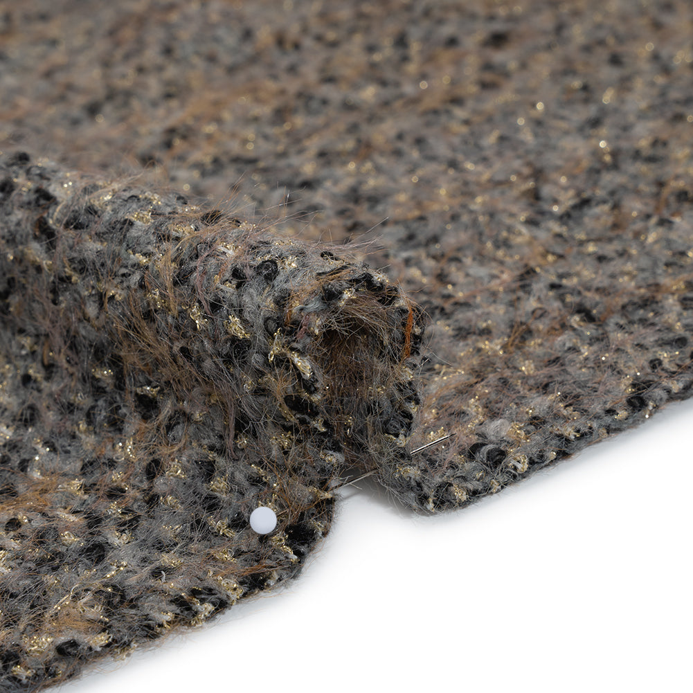 Fuzzy Polyester and Wool Blend Woven Metallic Tweed - Tan, Gray and Gold Detail Fuzzy Polyester and Wool Blend Woven Metallic Tweed - Tan, Gray and Gold Detail