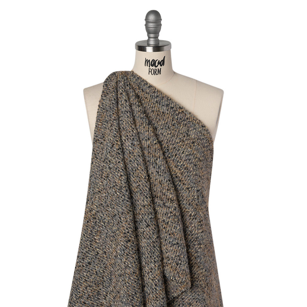 Fuzzy Polyester and Wool Blend Woven Metallic Tweed - Tan, Gray and Gold Drape Fuzzy Polyester and Wool Blend Woven Metallic Tweed - Tan, Gray and Gold Drape