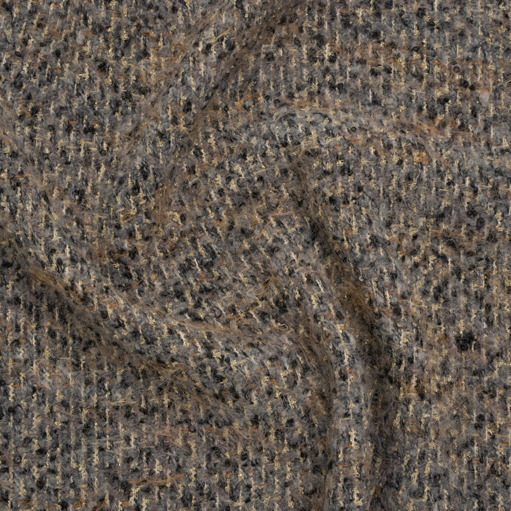 Fuzzy Polyester and Wool Blend Woven Metallic Tweed - Tan, Gray and Gold Fuzzy Polyester and Wool Blend Woven Metallic Tweed - Tan, Gray and Gold