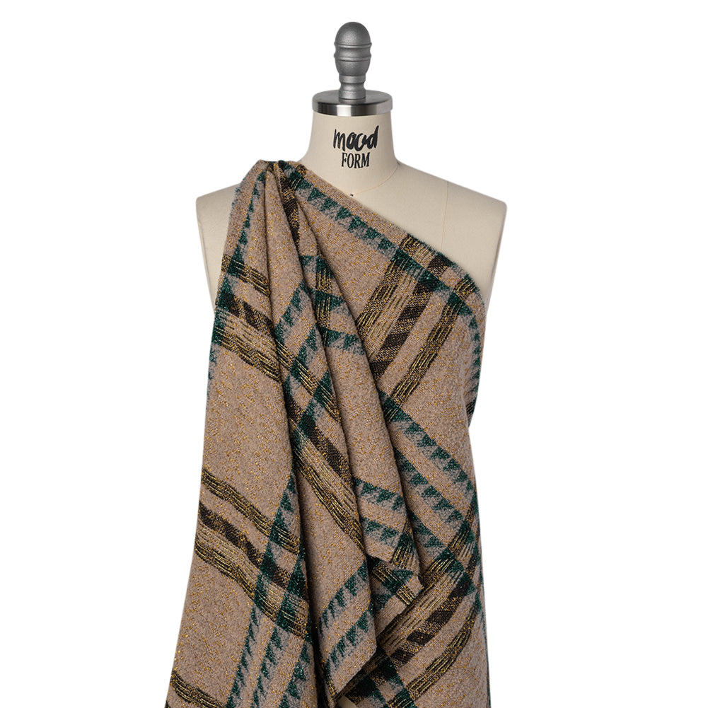 Metallic Wool and Polyester Tweed - Beige, Green and Gold Graphic Plaid Drape Metallic Wool and Polyester Tweed - Beige, Green and Gold Graphic Plaid Drape