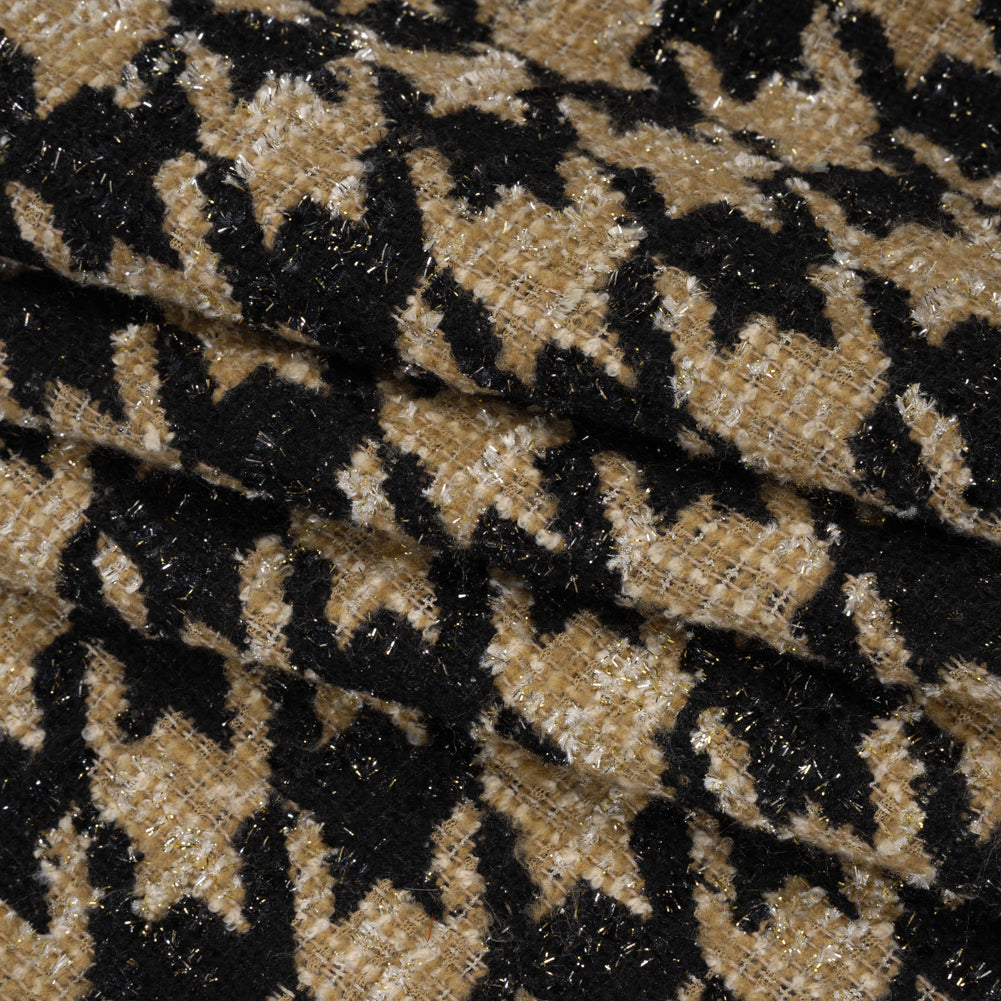 Metallic Polyester and Wool Blend Tweed - Beige and Black Houndstooth Folded Metallic Polyester and Wool Blend Tweed - Beige and Black Houndstooth Folded