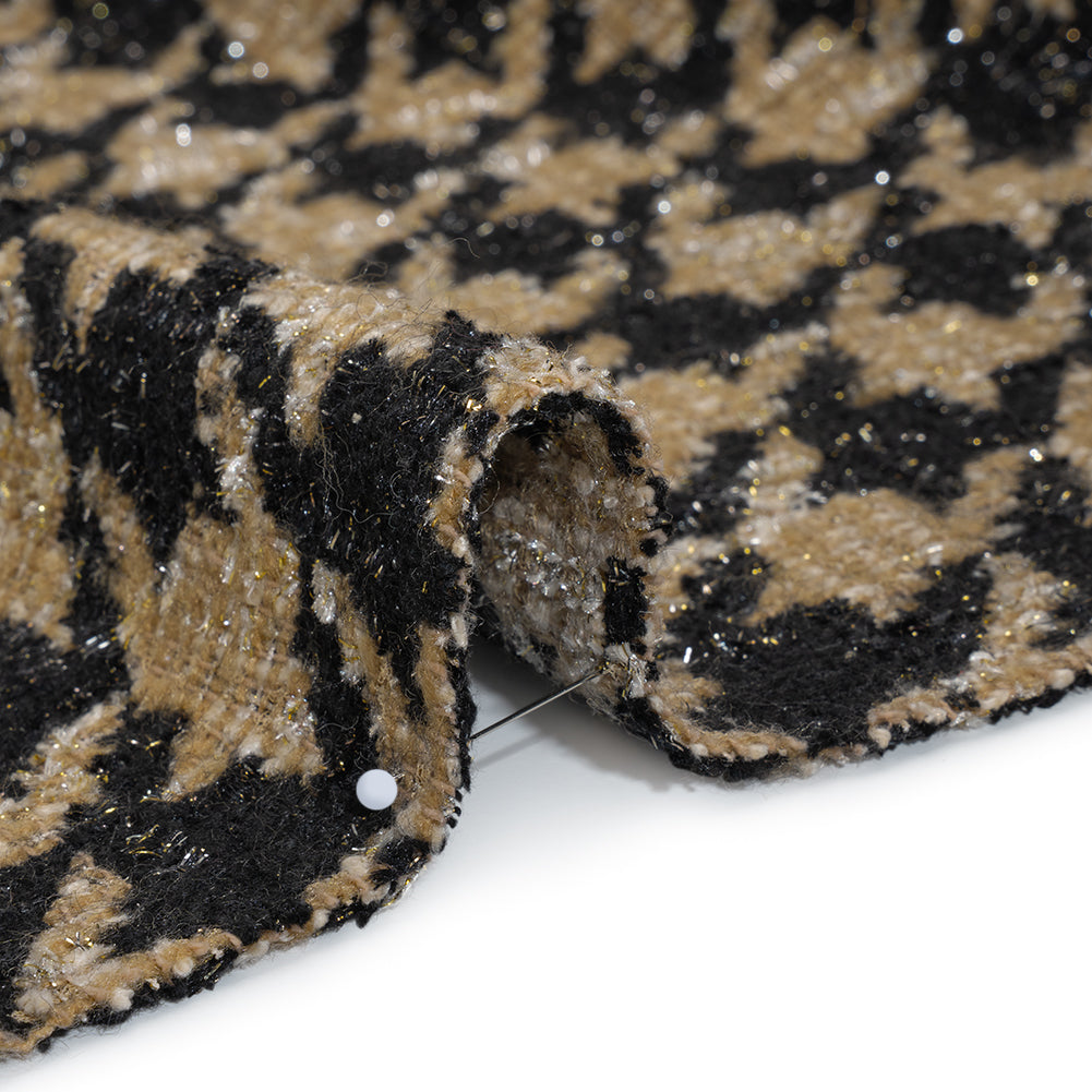 Metallic Polyester and Wool Blend Tweed - Beige and Black Houndstooth Detail Metallic Polyester and Wool Blend Tweed - Beige and Black Houndstooth Detail