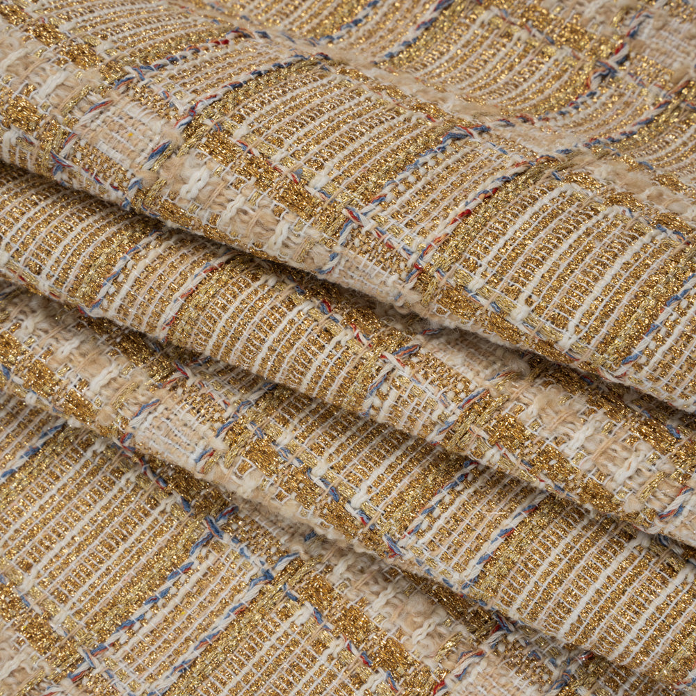 Metallic Polyester and Wool Tweed - Gold, Beige and Light Blue Subtle Plaid Folded Metallic Polyester and Wool Tweed - Gold, Beige and Light Blue Subtle Plaid Folded