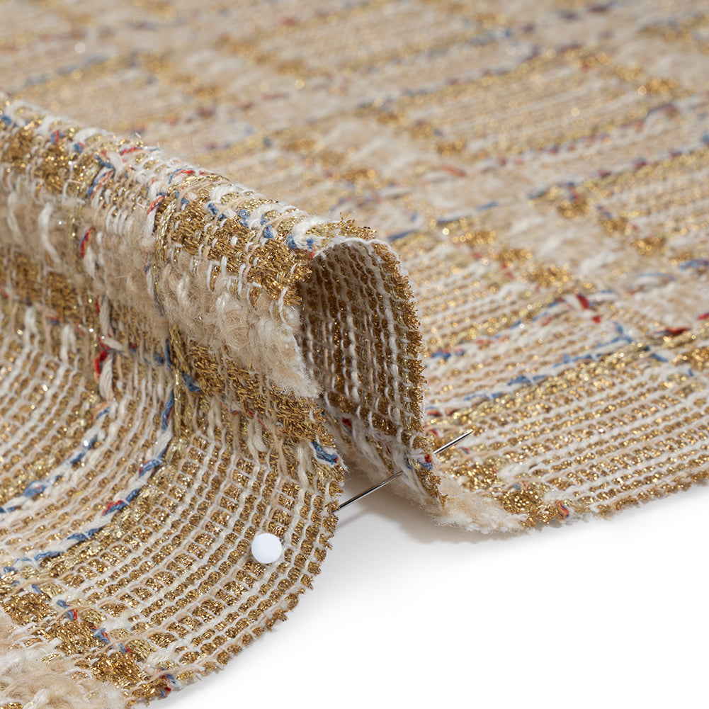 Metallic Polyester and Wool Tweed - Gold, Beige and Light Blue Subtle Plaid Detail Metallic Polyester and Wool Tweed - Gold, Beige and Light Blue Subtle Plaid Detail