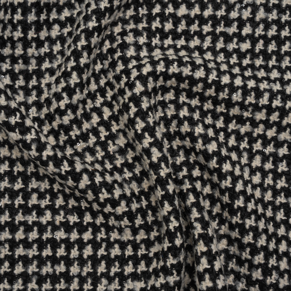Polyester and Wool Blend Boucle Tweed with Baby Sequins - Black and White Checks Polyester and Wool Blend Boucle Tweed with Baby Sequins - Black and White Checks