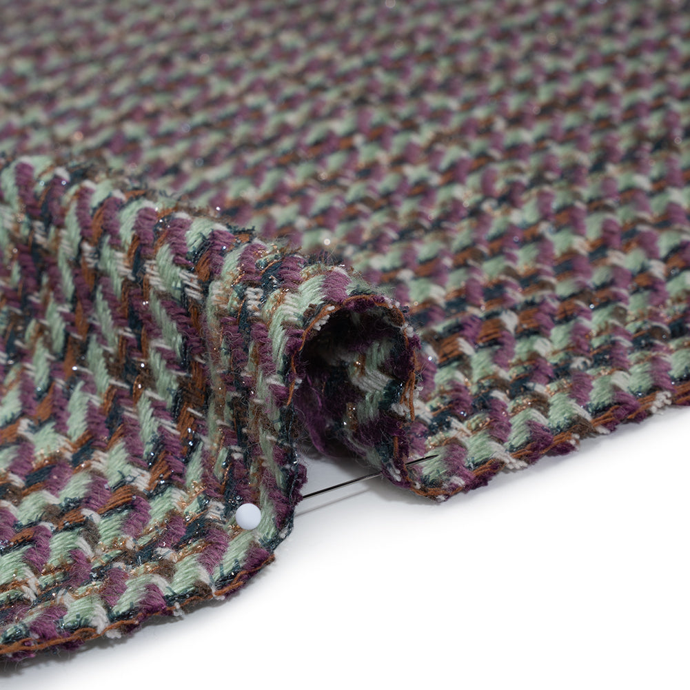 Metallic Wool Blend Tweedy Twill - Purple, Mint and Brown Plaid Detail Metallic Wool Blend Tweedy Twill - Purple, Mint and Brown Plaid Detail
