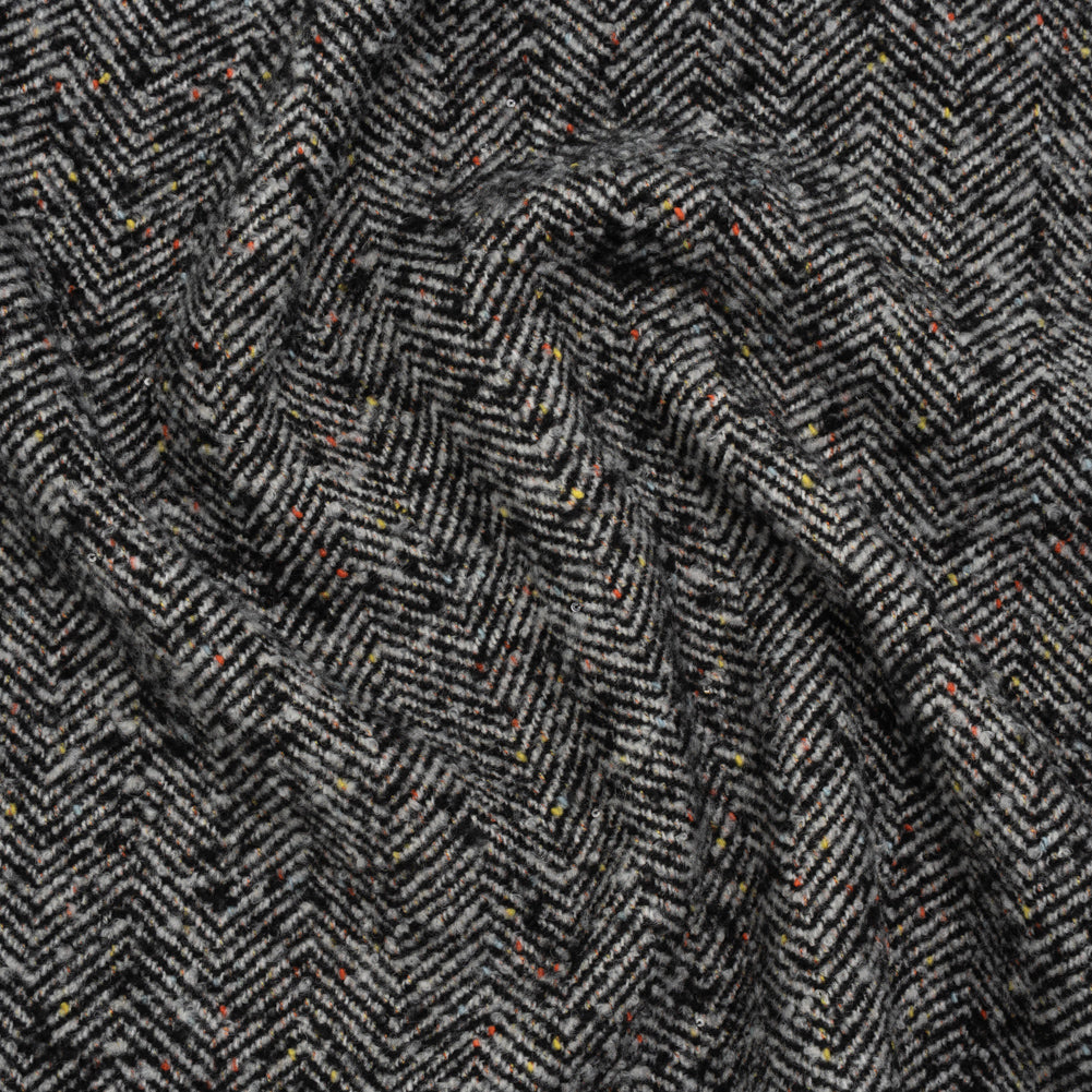 Wool Blend Chevron Twill Tweed with Clear Baby Sequins - Black and White with Rainbow Flecks Wool Blend Chevron Twill Tweed with Clear Baby Sequins - Black and White with Rainbow Flecks
