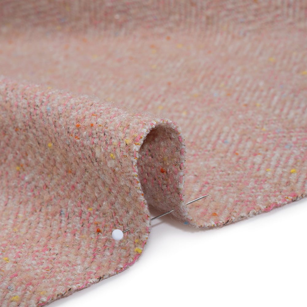 Wool Blend Chevron Twill Tweed with Clear Baby Sequins - Pink and White with Rainbow Flecks Detail Wool Blend Chevron Twill Tweed with Clear Baby Sequins - Pink and White with Rainbow Flecks Detail