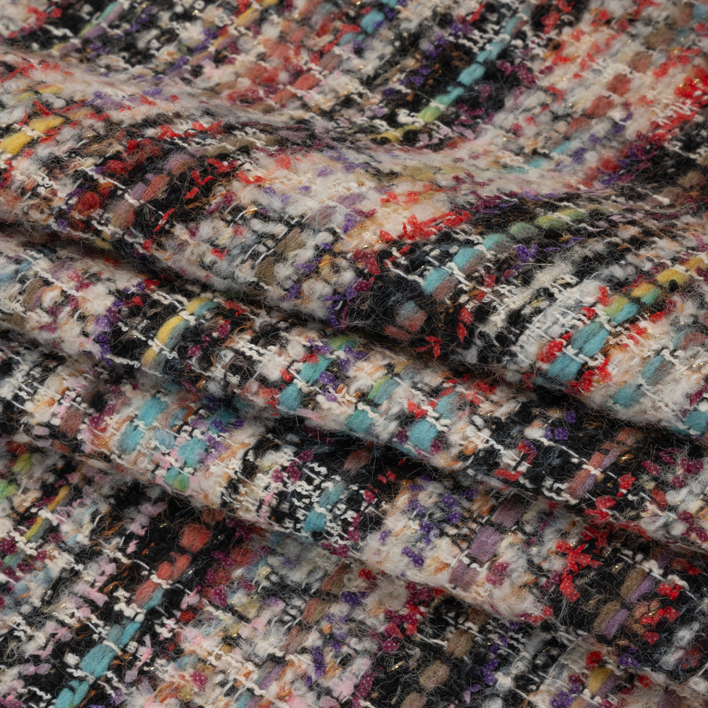 Textural Wool Blend Tweed with Metallic Accents - Black, White and Rainbow Plaid Folded Textural Wool Blend Tweed with Metallic Accents - Black, White and Rainbow Plaid Folded