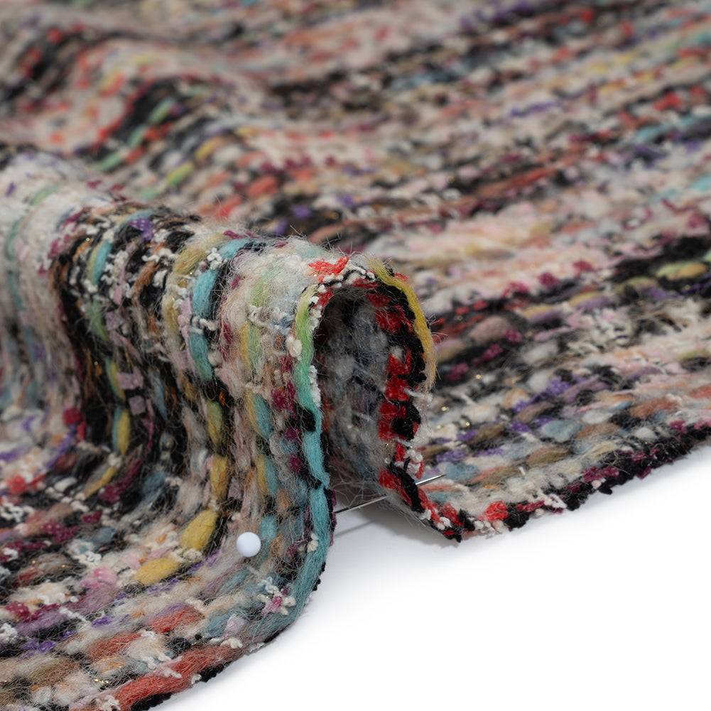 Textural Wool Blend Tweed with Metallic Accents - Black, White and Rainbow Plaid Detail Textural Wool Blend Tweed with Metallic Accents - Black, White and Rainbow Plaid Detail