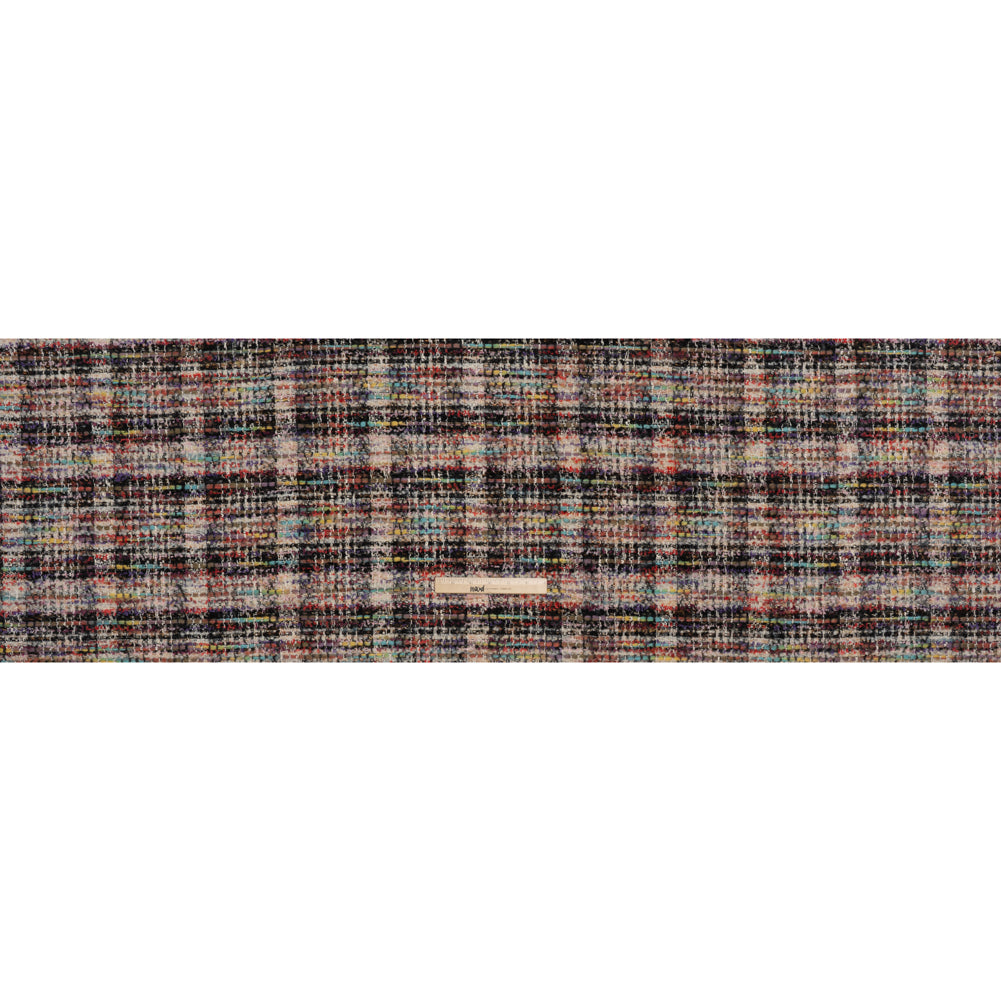 Textural Wool Blend Tweed with Metallic Accents - Black, White and Rainbow Plaid - Full Textural Wool Blend Tweed with Metallic Accents - Black, White and Rainbow Plaid - Full