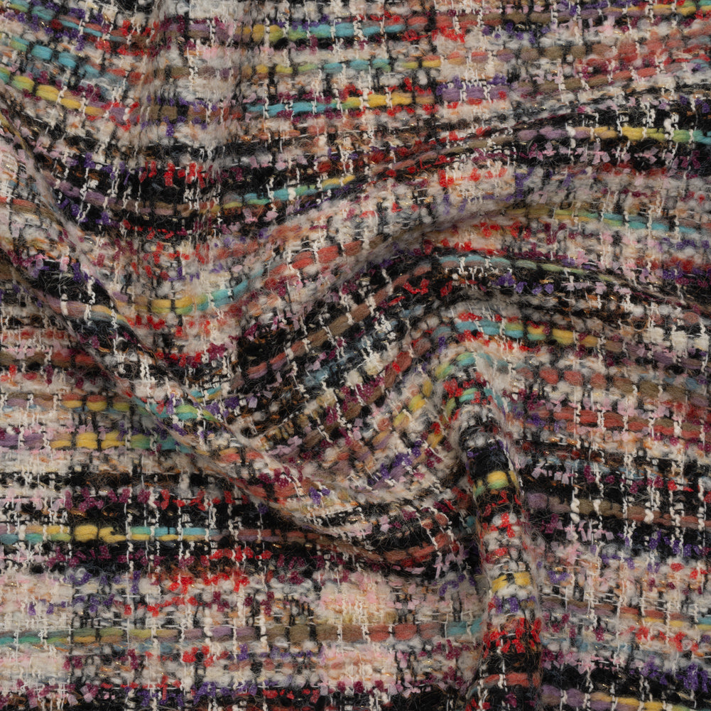 Textural Wool Blend Tweed with Metallic Accents - Black, White and Rainbow Plaid Textural Wool Blend Tweed with Metallic Accents - Black, White and Rainbow Plaid