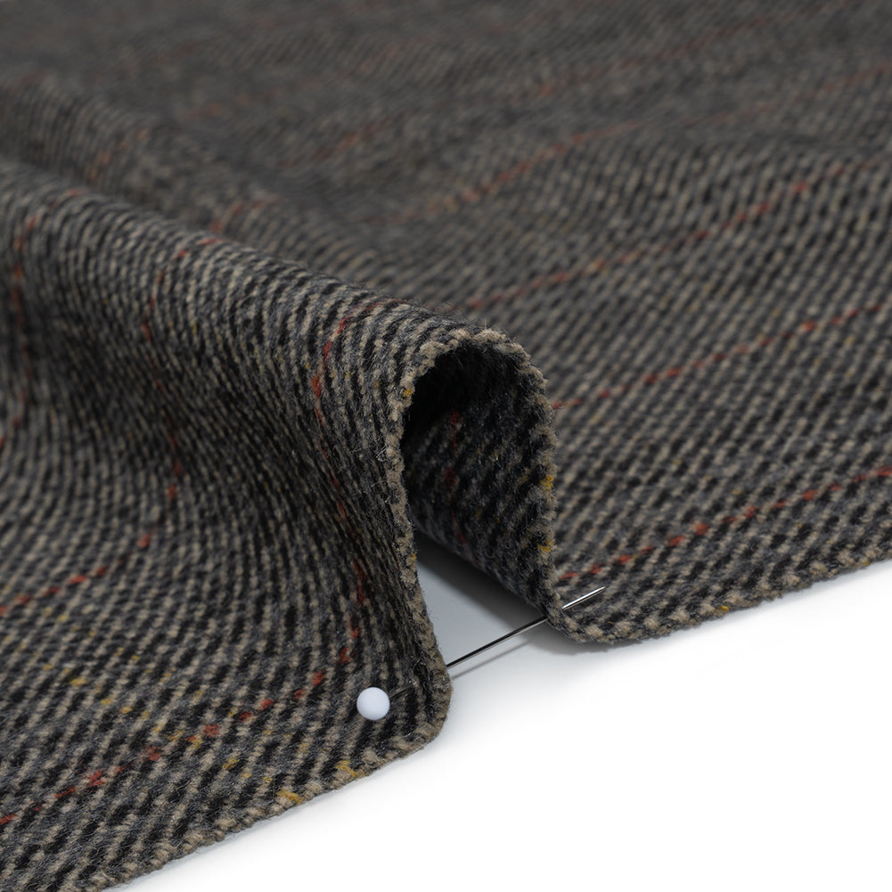 Wool Blend Twill Tweed - Black, Gray and Red Subtle Stripes Detail Wool Blend Twill Tweed - Black, Gray and Red Subtle Stripes Detail
