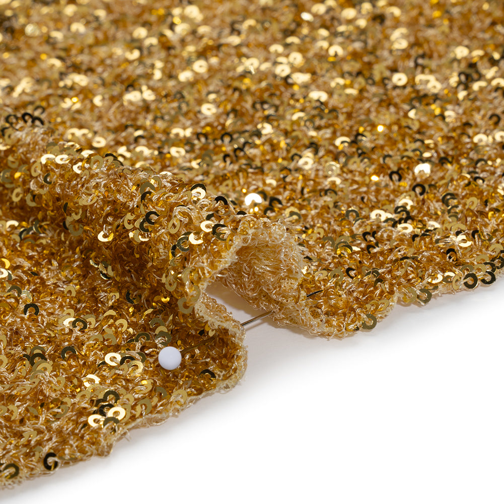 Recycled Polyester All-Over Circular Baby Sequins on Stretch Mesh - Gold - Divine Collection Recycled Polyester All-Over Circular Baby Sequins on Stretch Mesh - Gold - Divine Collection