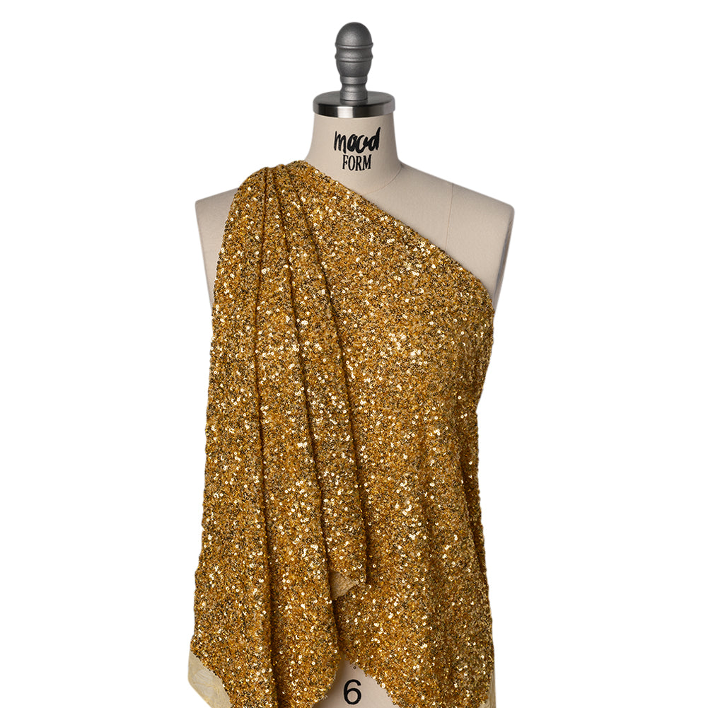 Recycled Polyester All-Over Circular Baby Sequins on Stretch Mesh - Gold - Divine Collection Recycled Polyester All-Over Circular Baby Sequins on Stretch Mesh - Gold - Divine Collection