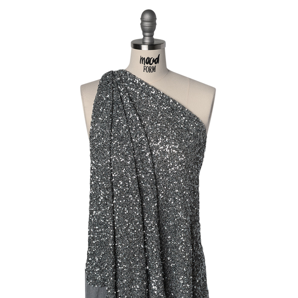 Recycled Polyester All-Over Circular Baby Sequins on Stretch Mesh - Silver - Divine Collection Recycled Polyester All-Over Circular Baby Sequins on Stretch Mesh - Silver - Divine Collection