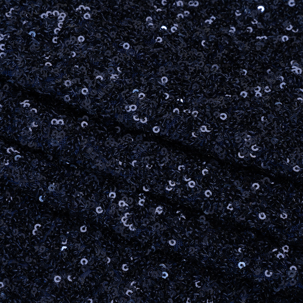 Recycled Polyester All-Over Circular Baby Sequins on Stretch Mesh - Navy - Divine Collection Recycled Polyester All-Over Circular Baby Sequins on Stretch Mesh - Navy - Divine Collection