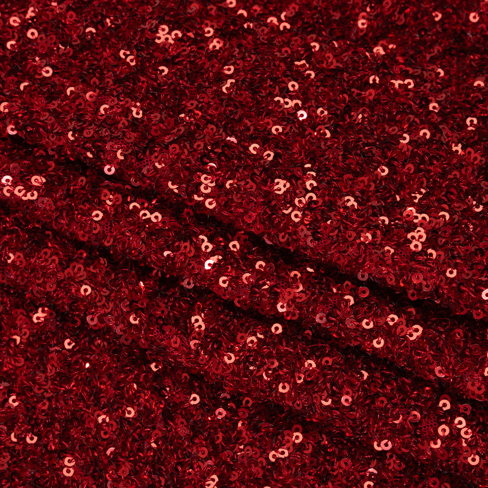 Recycled Polyester All-Over Circular Baby Sequins on Stretch Mesh - Red - Divine Collection Recycled Polyester All-Over Circular Baby Sequins on Stretch Mesh - Red - Divine Collection