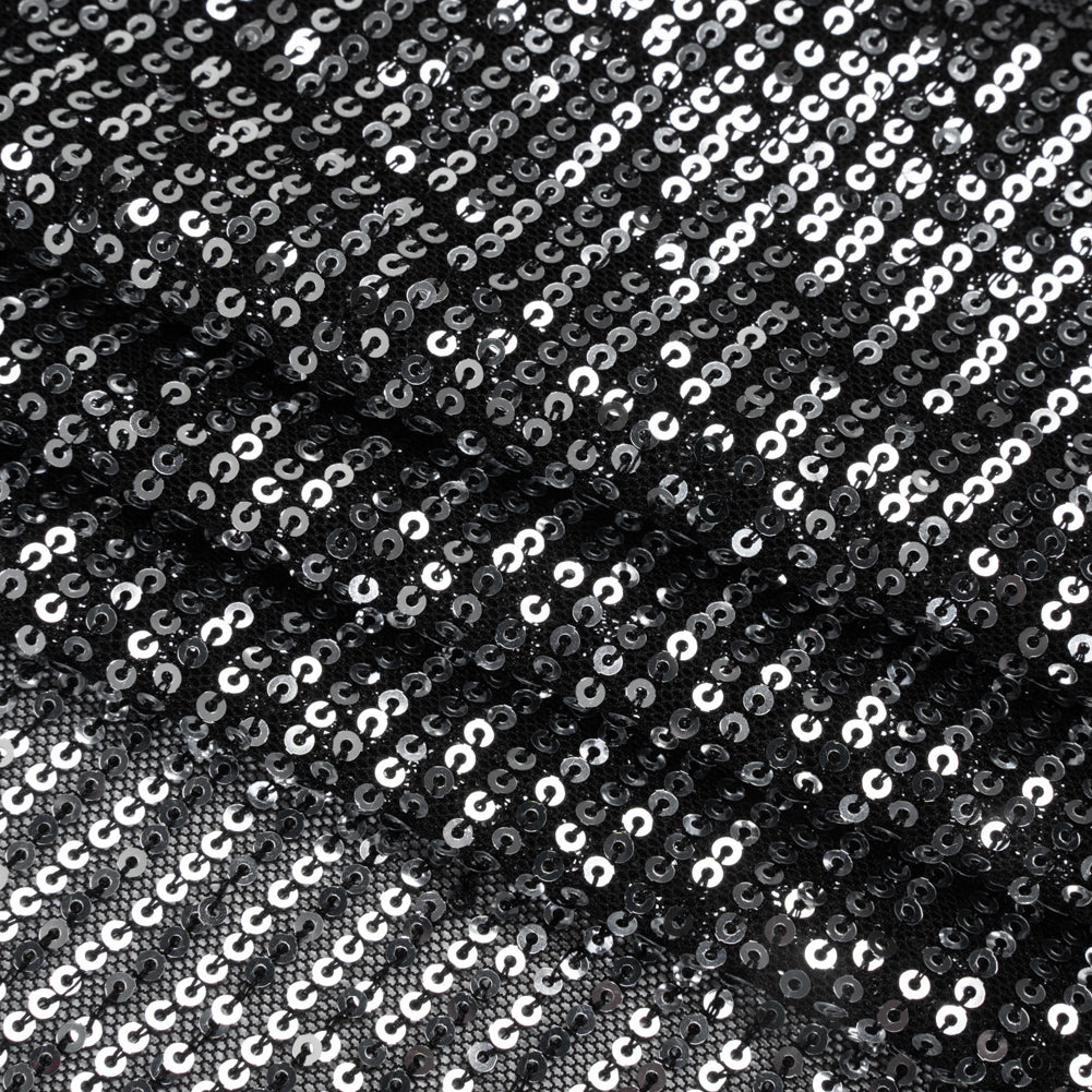Recycled Polyester Circle Sequin Stripes on Stretch Mesh - Silver on Black - Transcendent Collection Recycled Polyester Circle Sequin Stripes on Stretch Mesh - Silver on Black - Transcendent Collection