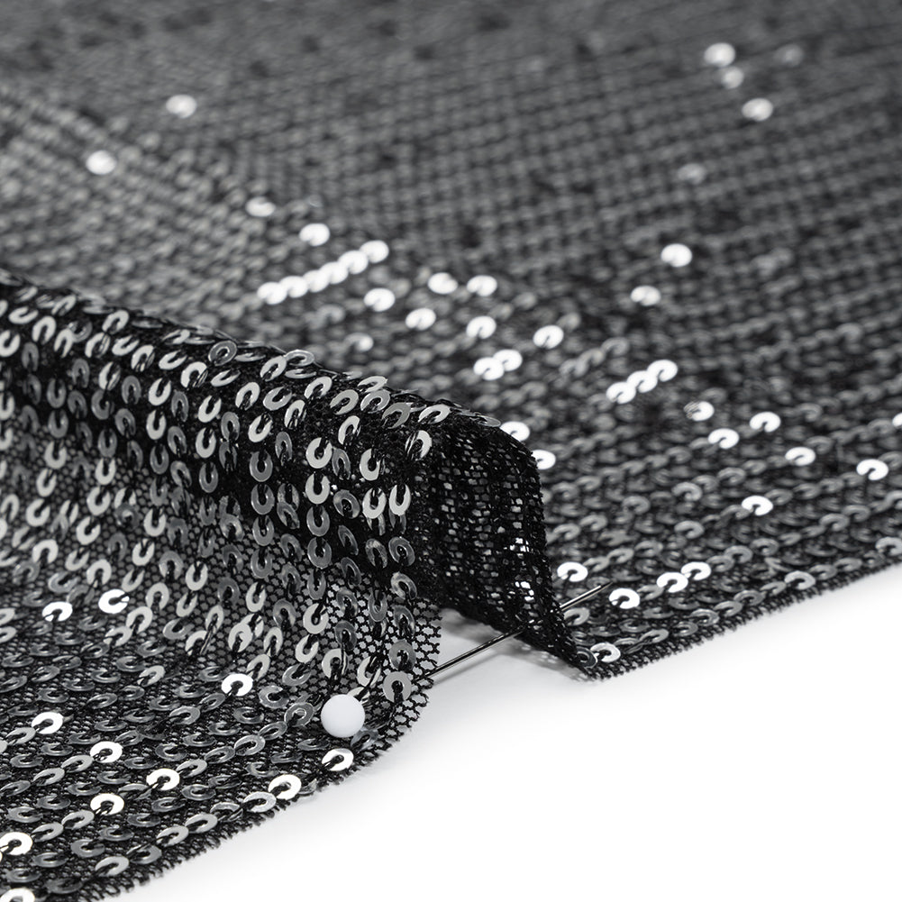 Recycled Polyester Circle Sequin Stripes on Stretch Mesh - Silver on Black - Transcendent Collection Recycled Polyester Circle Sequin Stripes on Stretch Mesh - Silver on Black - Transcendent Collection