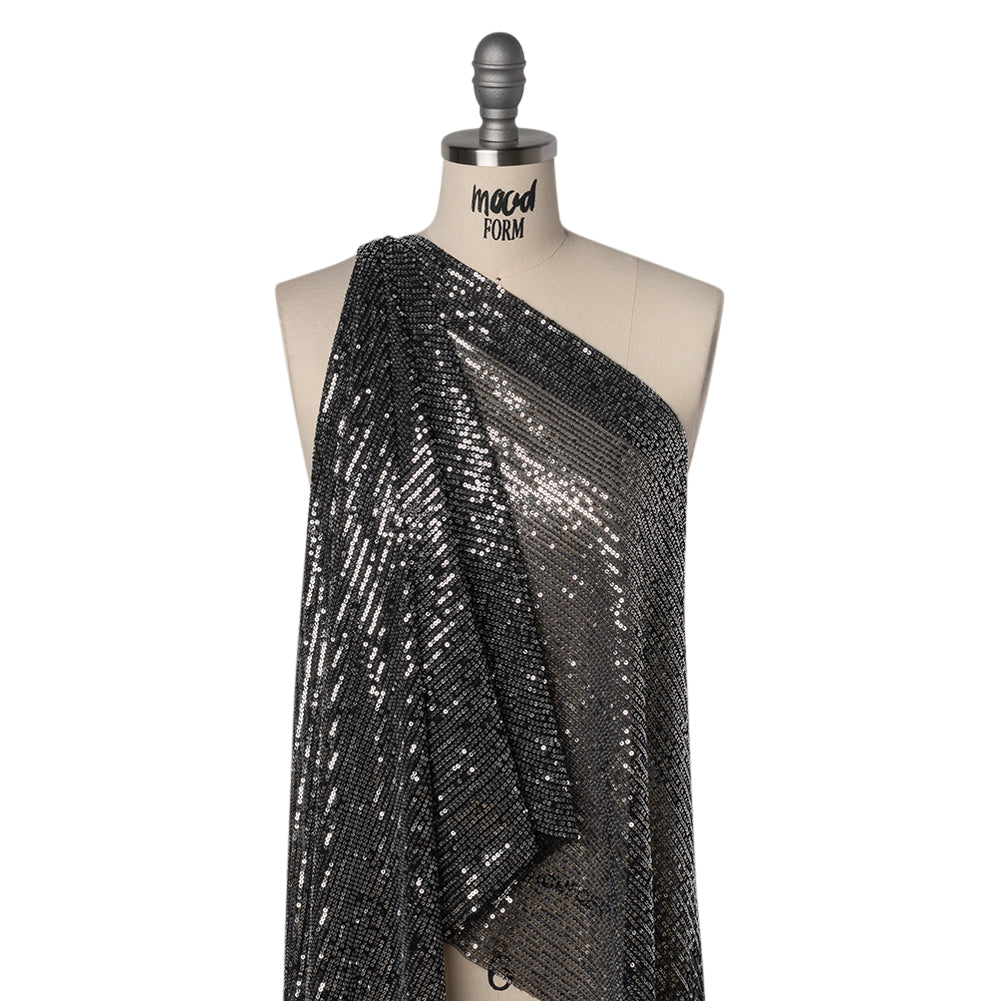 Recycled Polyester Circle Sequin Stripes on Stretch Mesh - Silver on Black - Transcendent Collection Recycled Polyester Circle Sequin Stripes on Stretch Mesh - Silver on Black - Transcendent Collection
