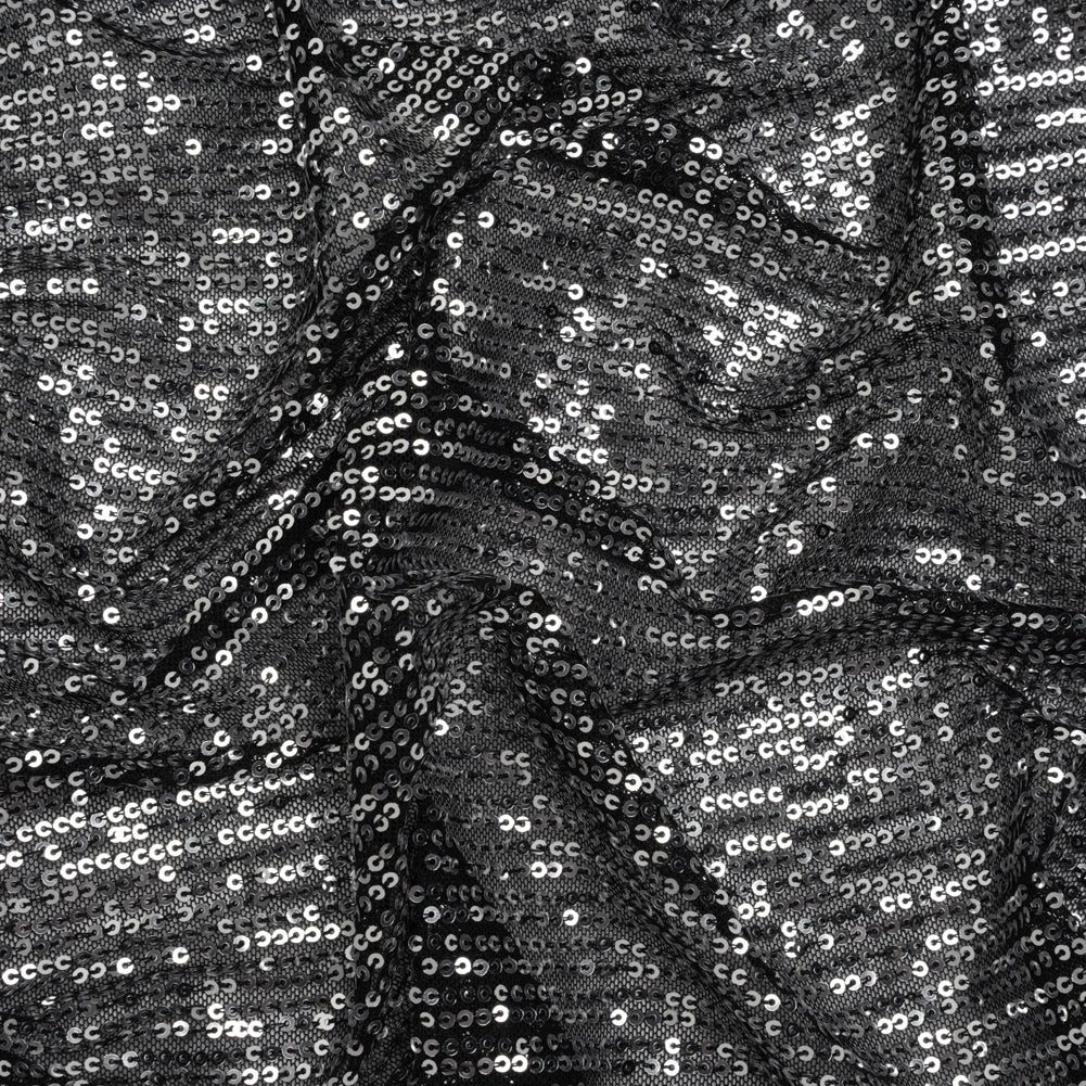 Recycled Polyester Circle Sequin Stripes on Stretch Mesh - Silver on Black - Transcendent Collection Recycled Polyester Circle Sequin Stripes on Stretch Mesh - Silver on Black - Transcendent Collection