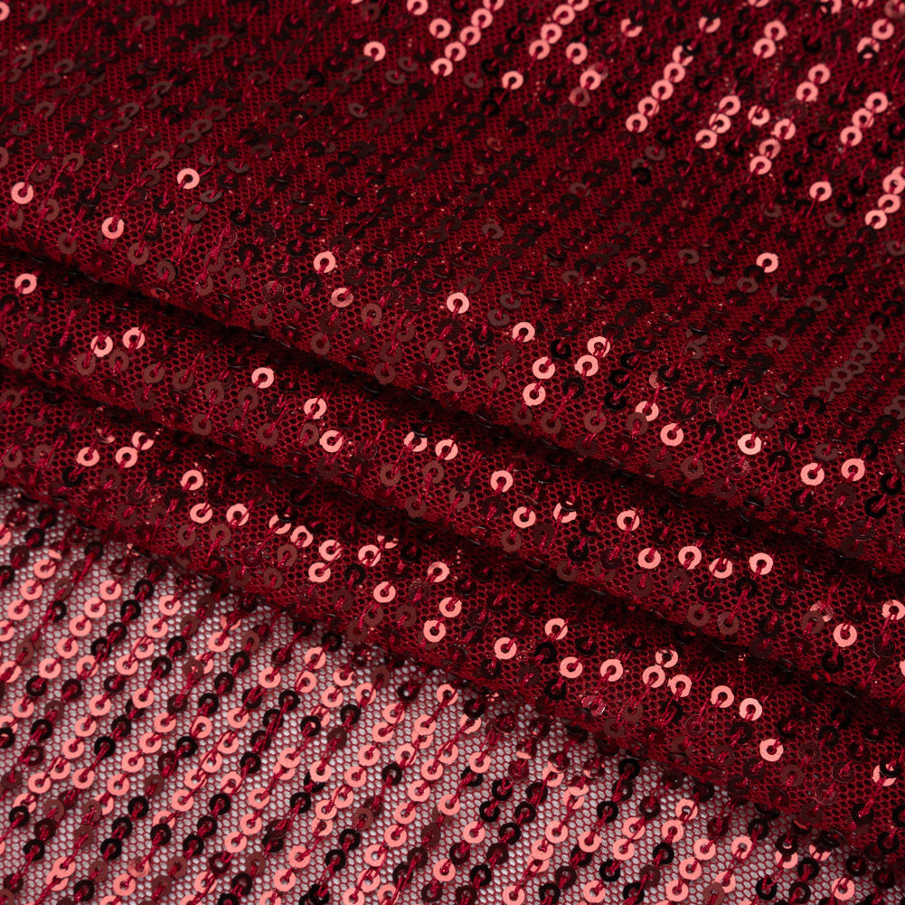 Recycled Polyester Circle Sequin Stripes on Stretch Mesh - Tango Red - Transcendent Collection Recycled Polyester Circle Sequin Stripes on Stretch Mesh - Tango Red - Transcendent Collection