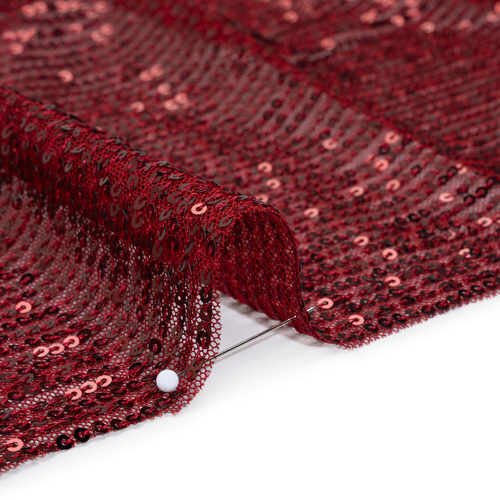 Recycled Polyester Circle Sequin Stripes on Stretch Mesh - Tango Red - Transcendent Collection Recycled Polyester Circle Sequin Stripes on Stretch Mesh - Tango Red - Transcendent Collection