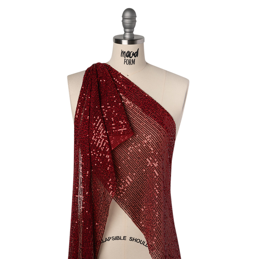 Recycled Polyester Circle Sequin Stripes on Stretch Mesh - Tango Red - Transcendent Collection Recycled Polyester Circle Sequin Stripes on Stretch Mesh - Tango Red - Transcendent Collection