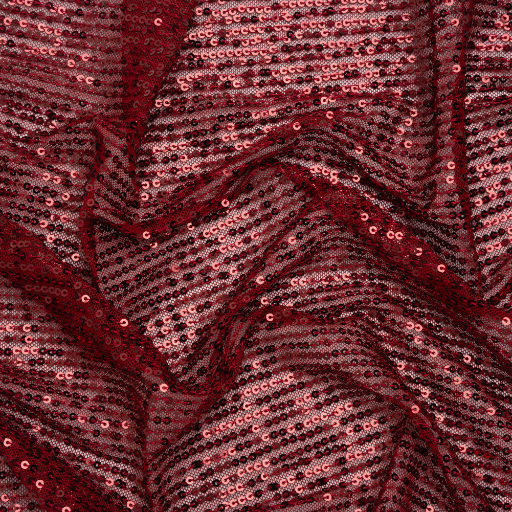 Recycled Polyester Circle Sequin Stripes on Stretch Mesh - Tango Red - Transcendent Collection Recycled Polyester Circle Sequin Stripes on Stretch Mesh - Tango Red - Transcendent Collection
