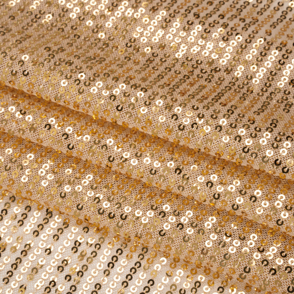 Recycled Polyester Circle Sequin Stripes on Stretch Mesh - Gold - Transcendent Collection Recycled Polyester Circle Sequin Stripes on Stretch Mesh - Gold - Transcendent Collection
