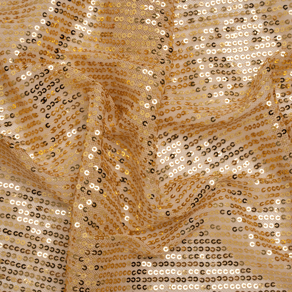 Recycled Polyester Circle Sequin Stripes on Stretch Mesh - Gold - Transcendent Collection Recycled Polyester Circle Sequin Stripes on Stretch Mesh - Gold - Transcendent Collection