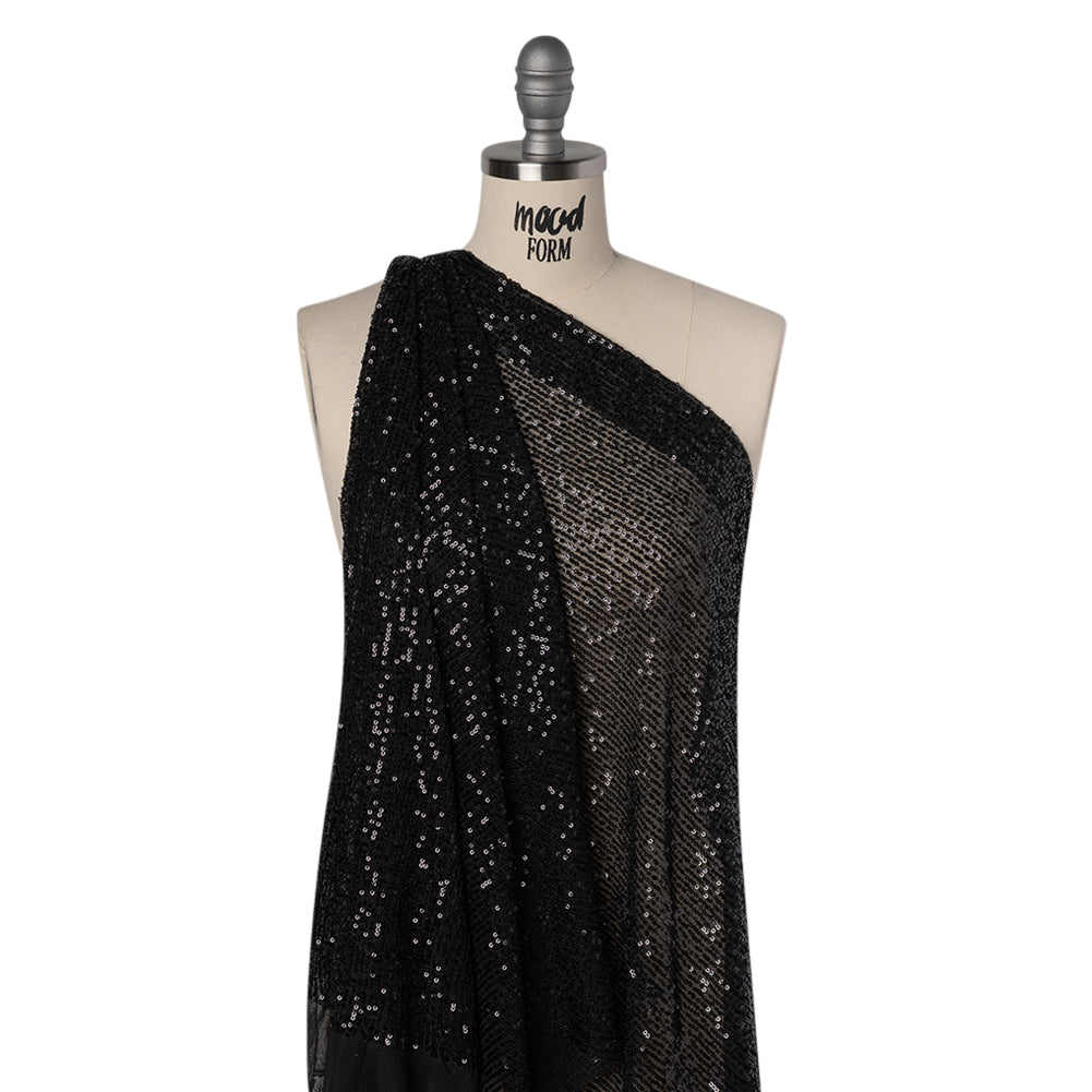 Recycled Polyester Circle Sequin Stripes on Stretch Mesh - Black - Transcendent Collection Recycled Polyester Circle Sequin Stripes on Stretch Mesh - Black - Transcendent Collection