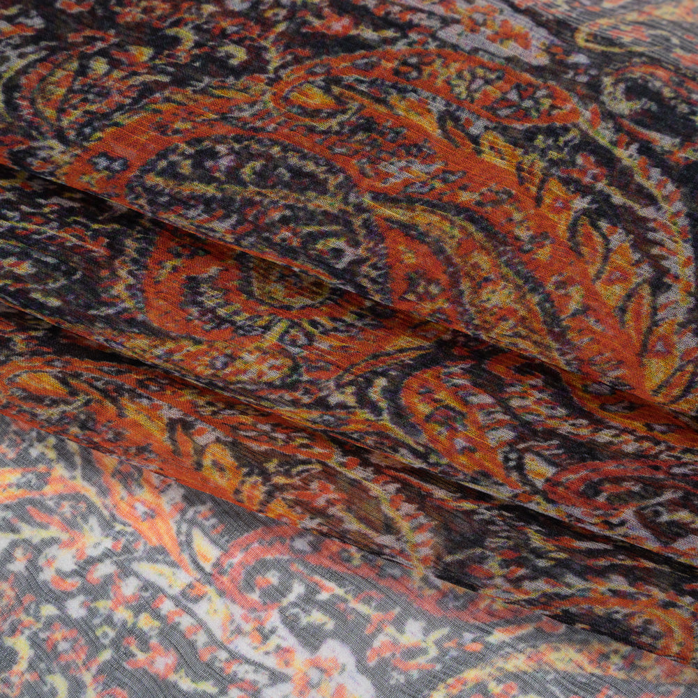 Crinkled Silk Chiffon Print - Black, Red and Yellow Traditional Paisley - Deadstock Folded Crinkled Silk Chiffon Print - Black, Red and Yellow Traditional Paisley - Deadstock Folded
